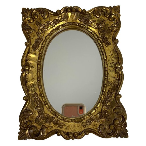 Vintage Hollywood Regency Oval Mirror Ornate Golden Resin Frame 8.75"x6.75" - Picture 1 of 8